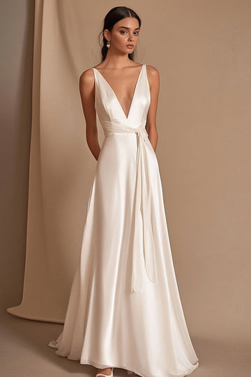 A Line V-Neck Ivory Long Wedding Dress with Sash